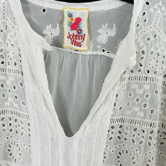 Johnny Was Tunic Blouse Medium White Sheer Eyelet Boho Coverup Western Cottage - Picture 4 of 10